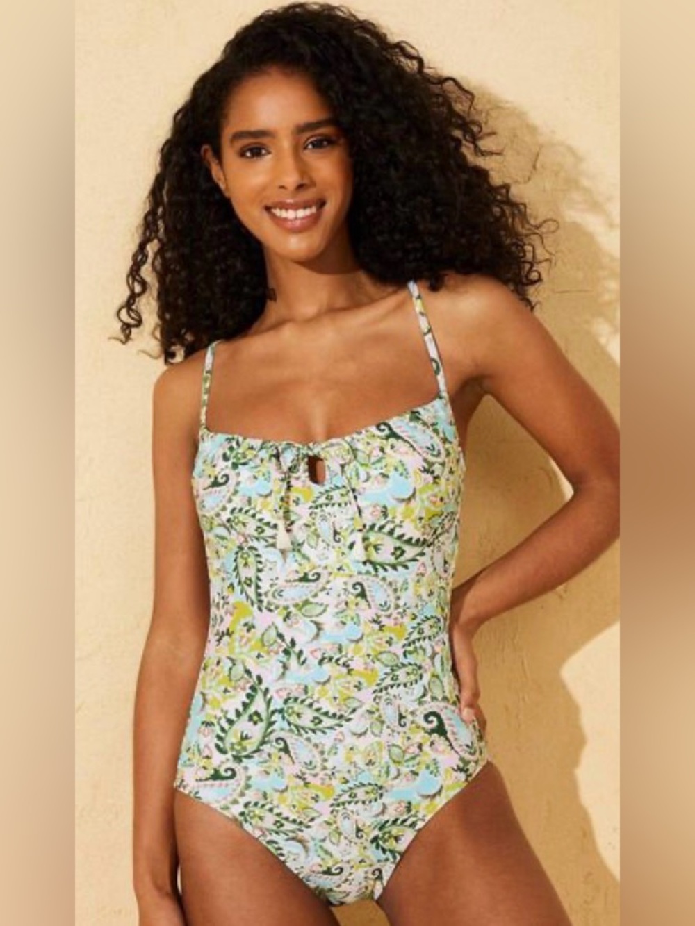 Shade & Shore Women's Paisley Print Center Front Tie Scoop Neck Swimsuit
